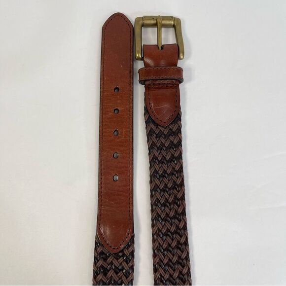Savane Leather Woven Basketweave Two Tone Brown Belt Solid Brass Buckle Size 44 - Picture 9 of 13